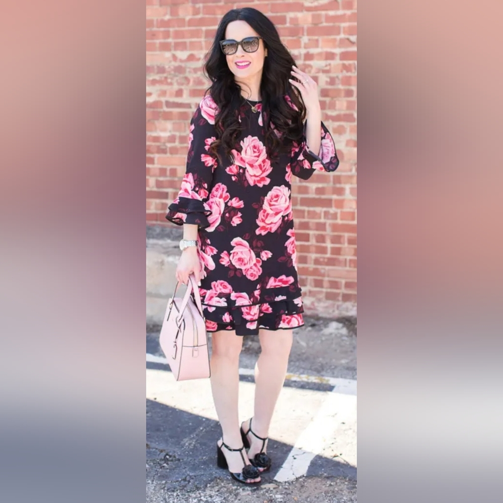 Kate Spade small rosa ruffle new york floral 3/4 sleeve black pink mini Dress